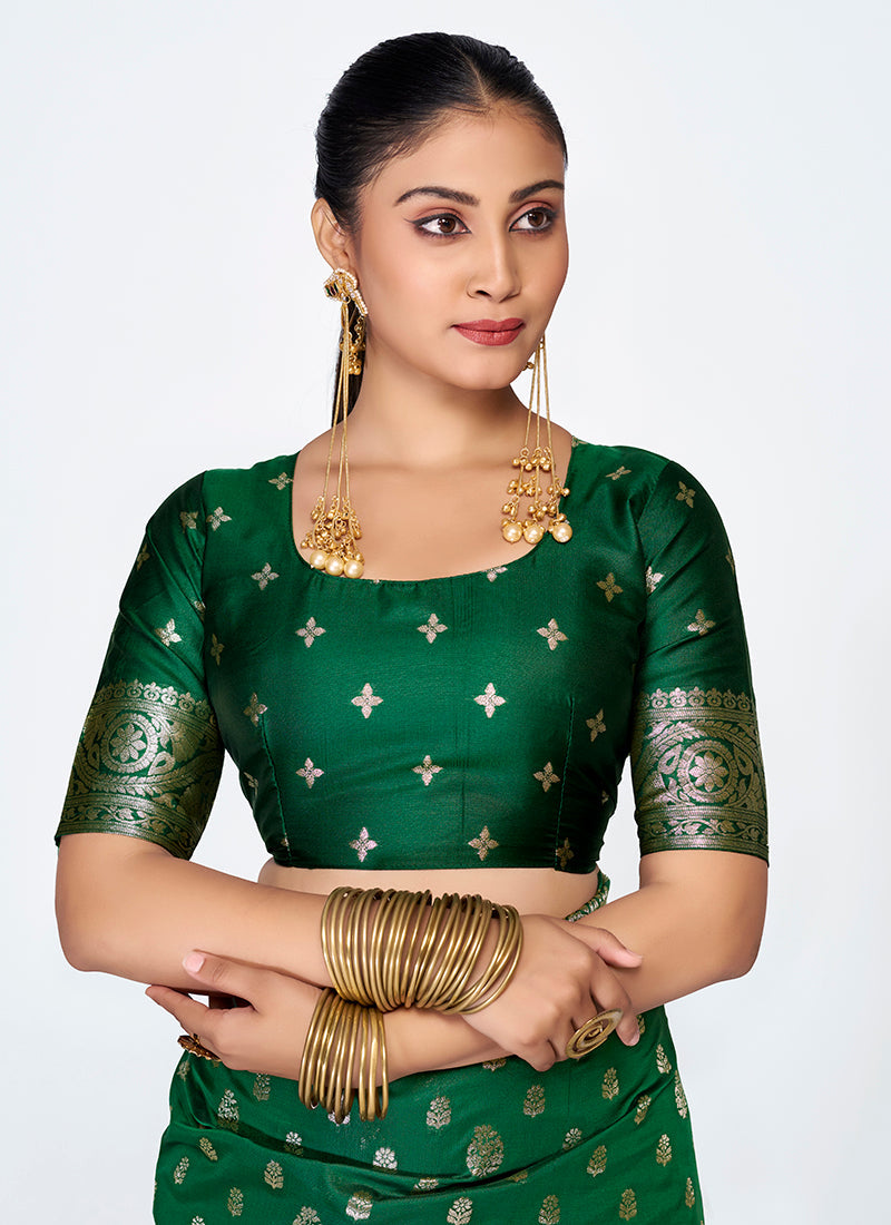 Vellora Emerald Green Banarasi Silk Saree with Antique Golden Zari | Grocsy