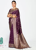 Vellora Wine Purple Zari Woven Banarasi Silk Saree | Grocsy