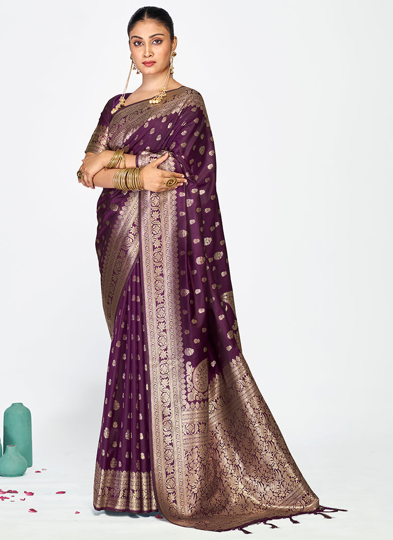 Vellora Wine Purple Zari Woven Banarasi Silk Saree | Grocsy