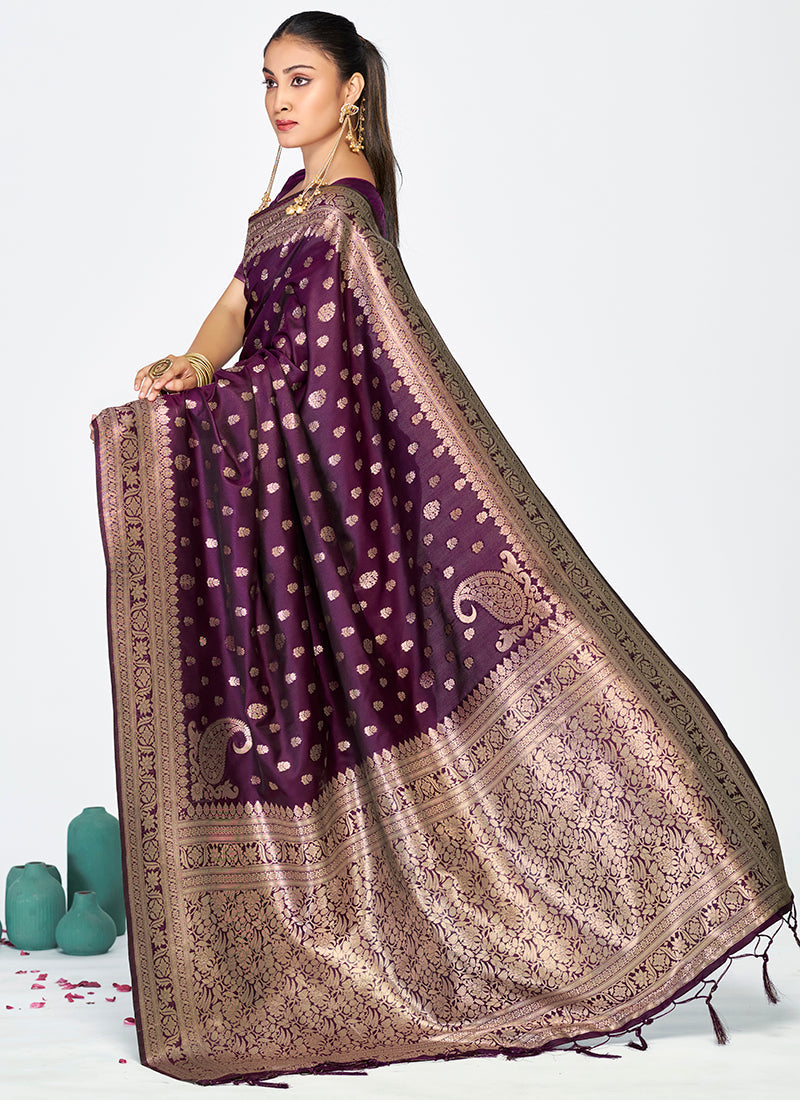 Vellora Wine Purple Zari Woven Banarasi Silk Saree | Grocsy