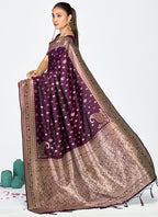 Vellora Wine Purple Zari Woven Banarasi Silk Saree | Grocsy