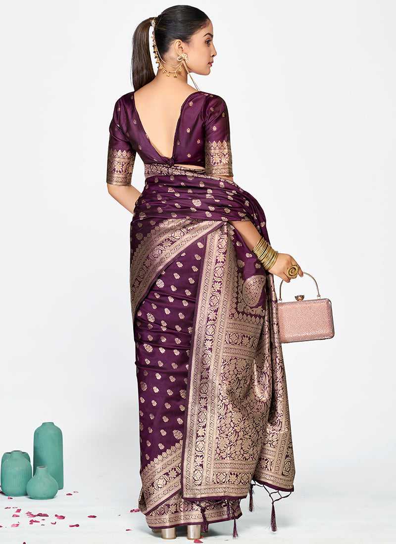 Vellora Wine Purple Zari Woven Banarasi Silk Saree | Grocsy
