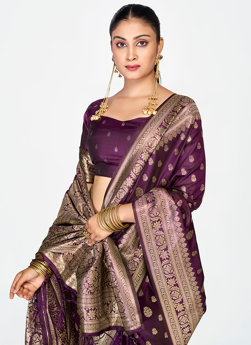 Vellora Wine Purple Zari Woven Banarasi Silk Saree | Grocsy