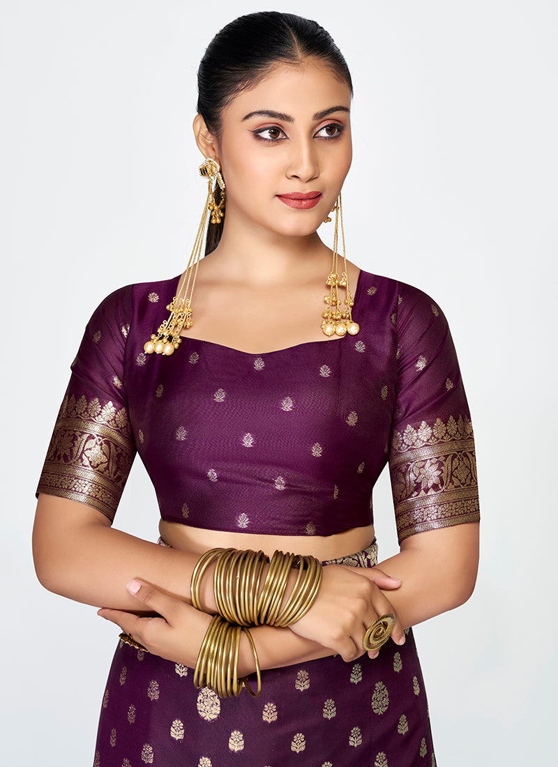 Vellora Wine Purple Zari Woven Banarasi Silk Saree | Grocsy