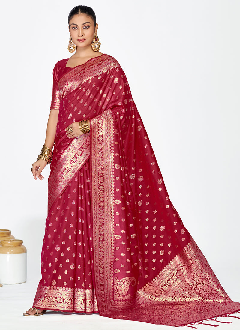 Vellora Maroon Banarasi Silk Saree with Rich Zari Detailing | Grocsy