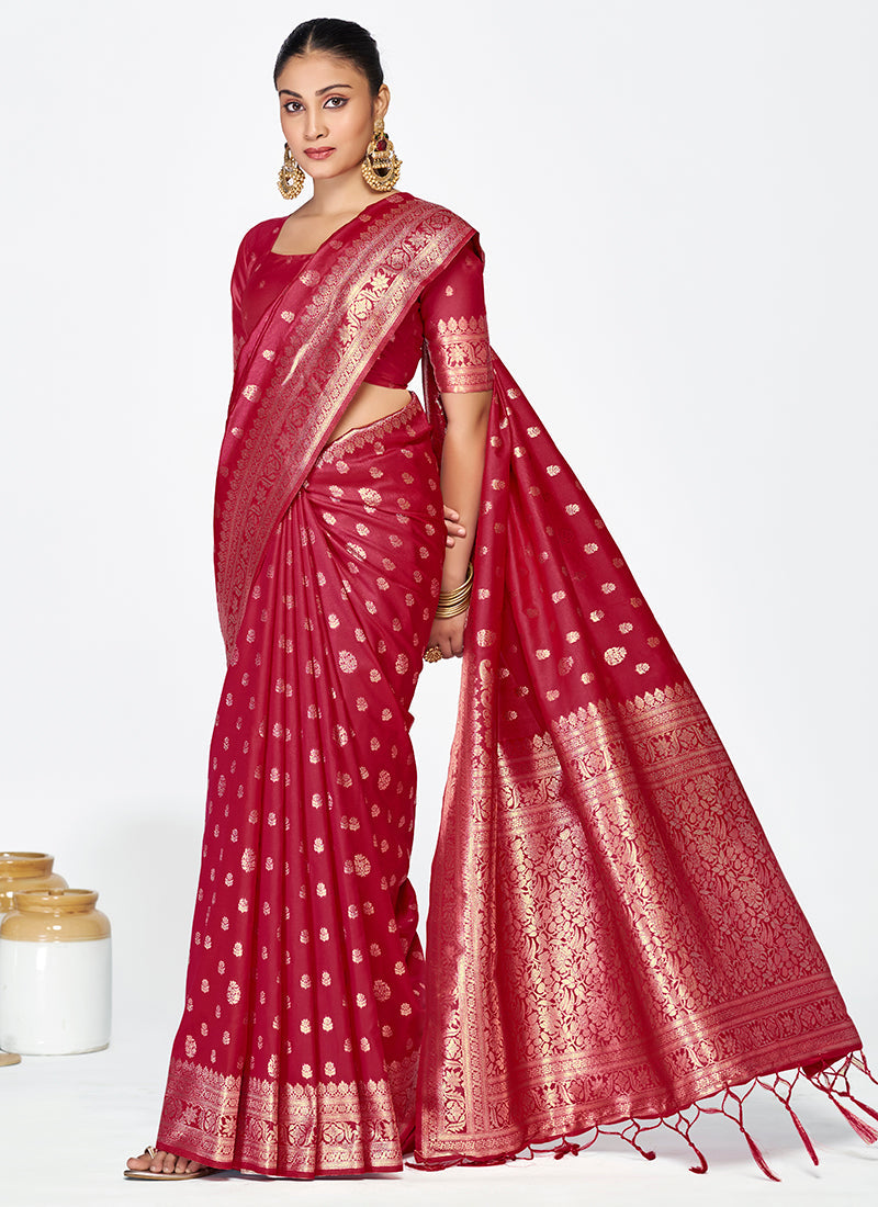 Vellora Maroon Banarasi Silk Saree with Rich Zari Detailing | Grocsy