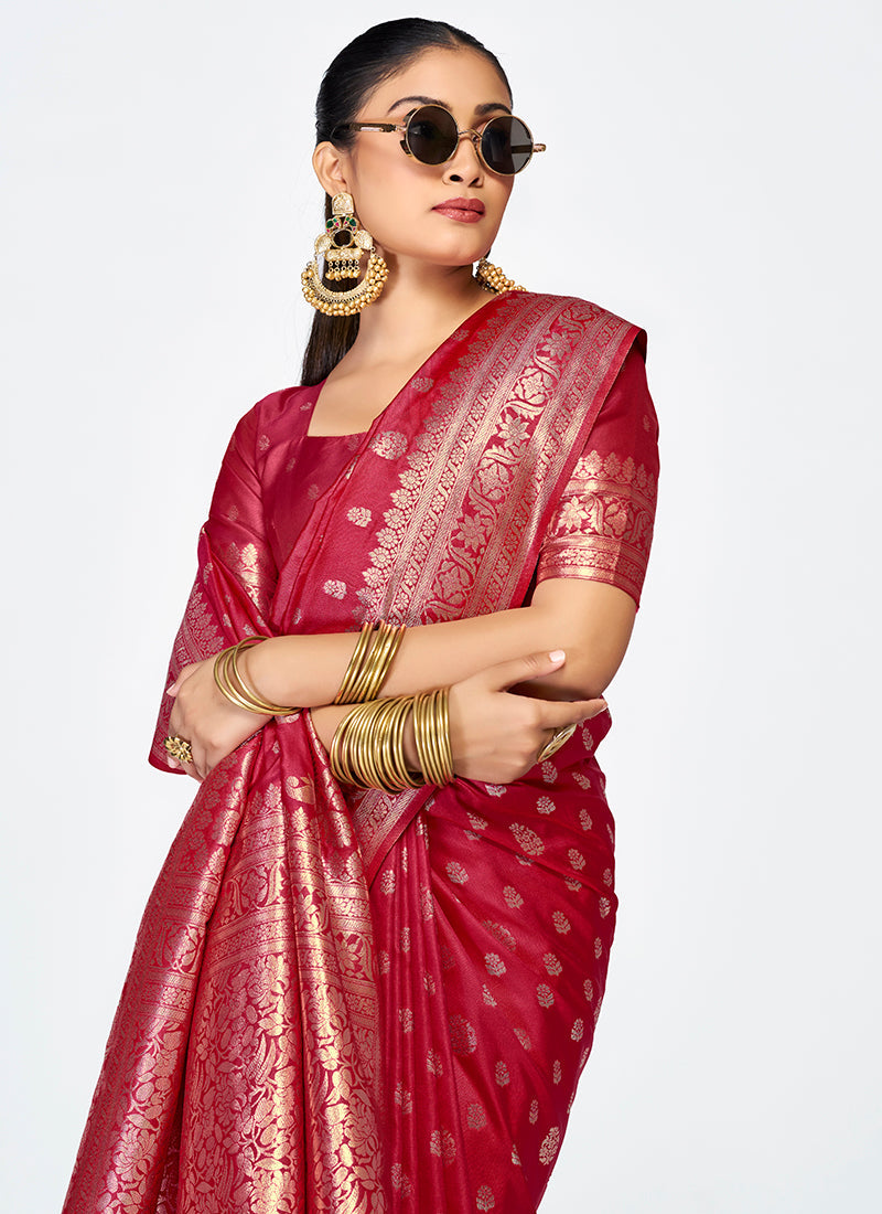 Vellora Maroon Banarasi Silk Saree with Rich Zari Detailing | Grocsy