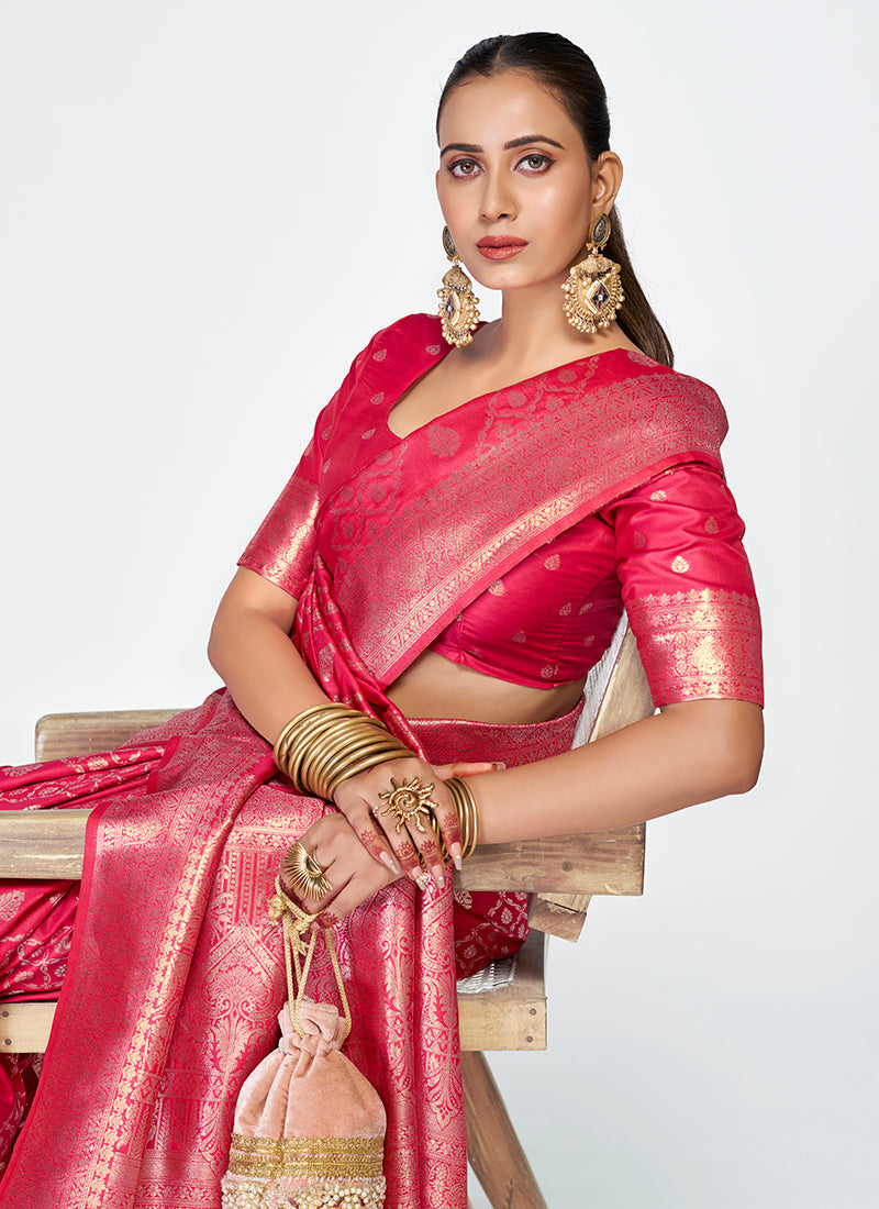 Vellora Rani Pink Premium Zari Weaving Soft Silk Saree | Grocsy