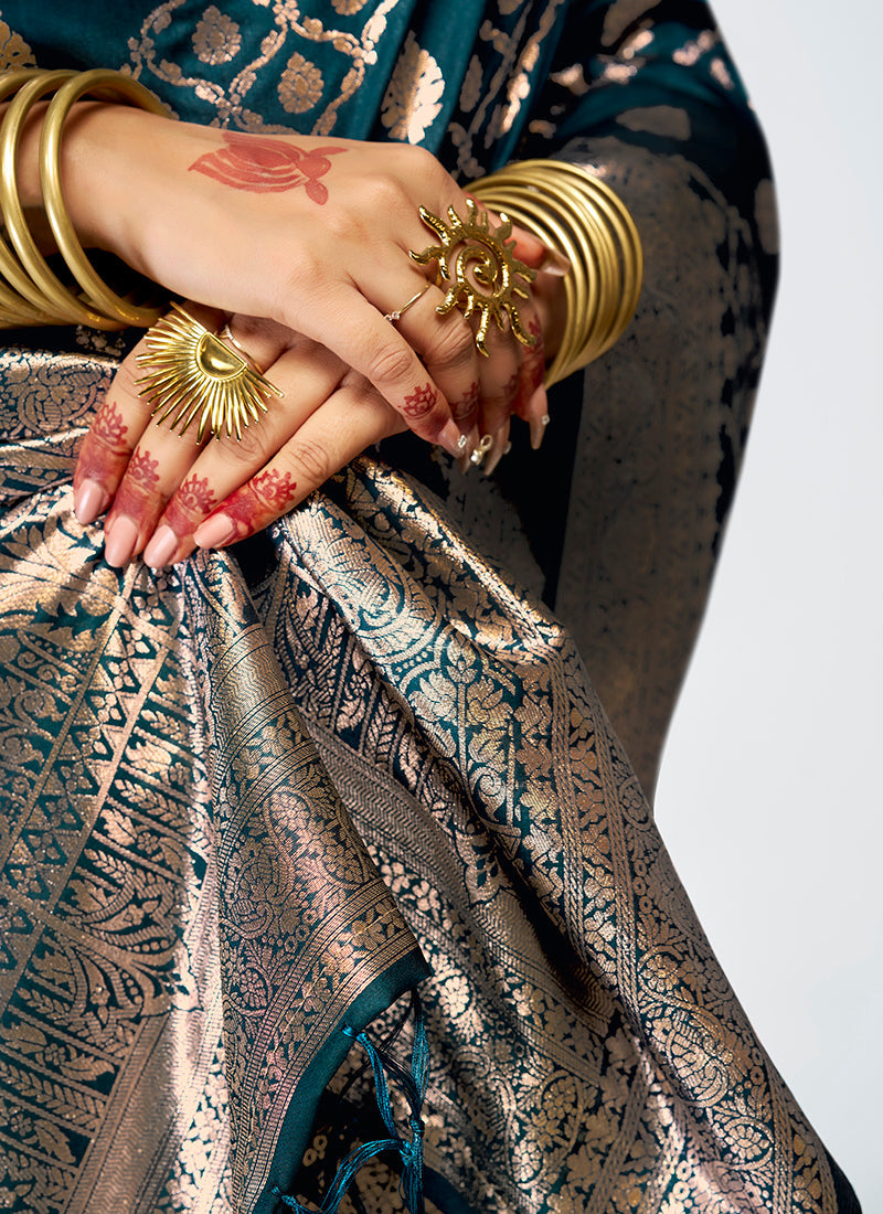 Vellora Peacock Blue Luxurious Soft Silk Zari Weaving Saree | Grocsy