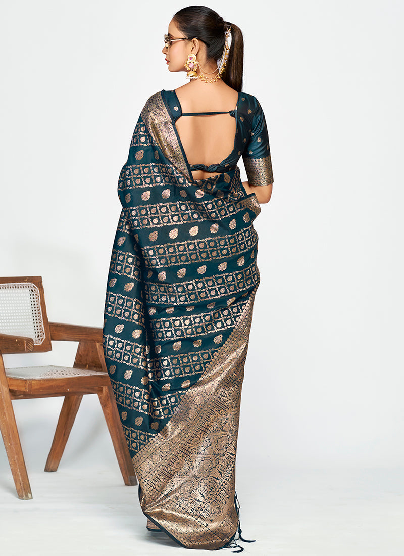 Vellora Peacock Blue Luxurious Soft Silk Zari Weaving Saree | Grocsy