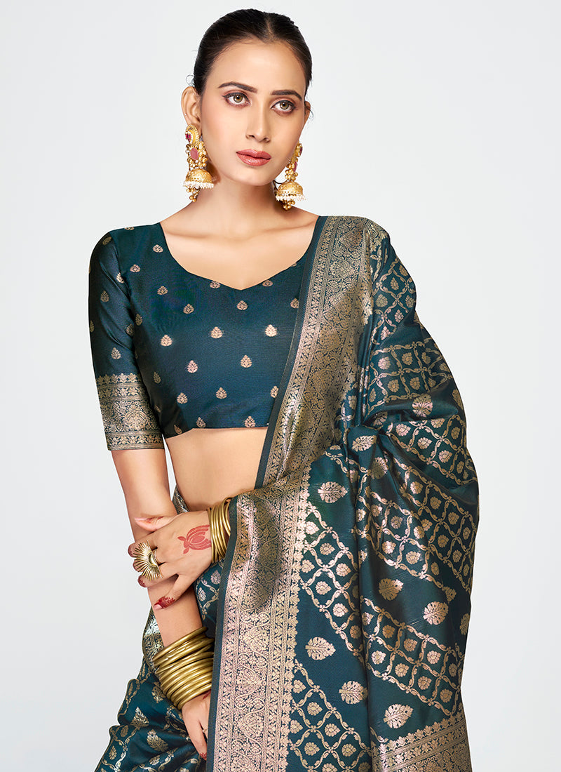 Vellora Peacock Blue Luxurious Soft Silk Zari Weaving Saree | Grocsy