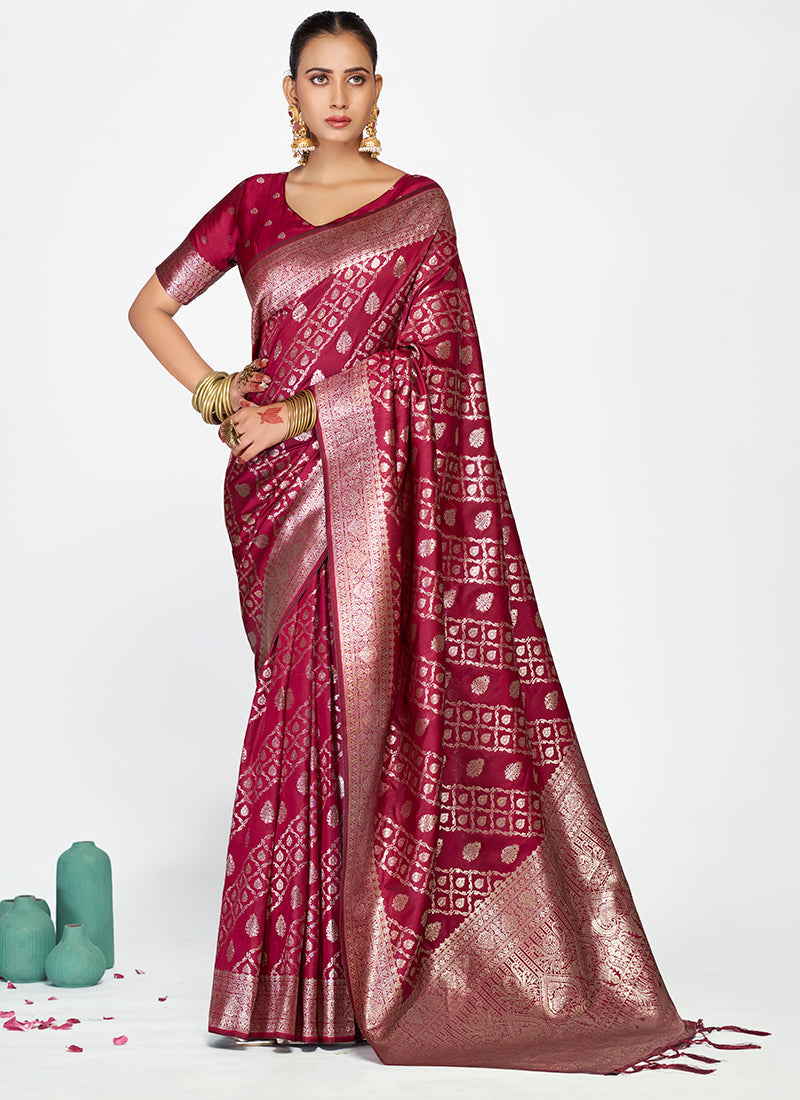 Vellora Wine Magenta Premium Zari Weaving Designer Silk Saree | Grocsy