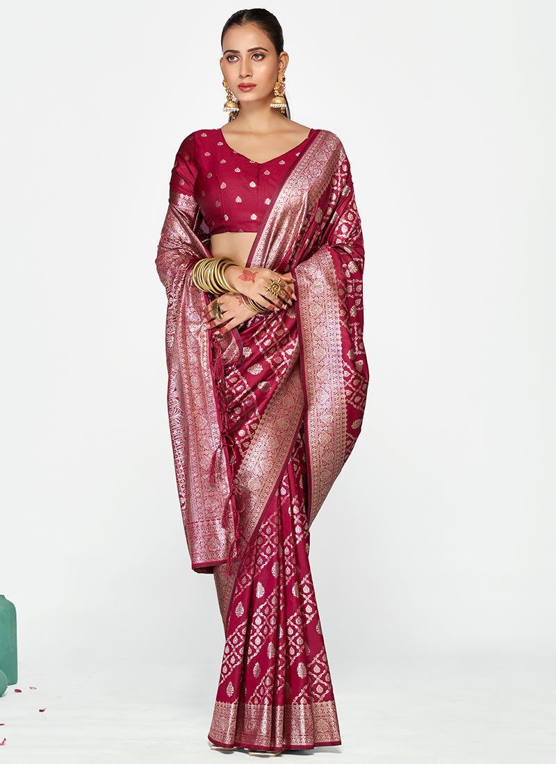 Vellora Wine Magenta Premium Zari Weaving Designer Silk Saree | Grocsy