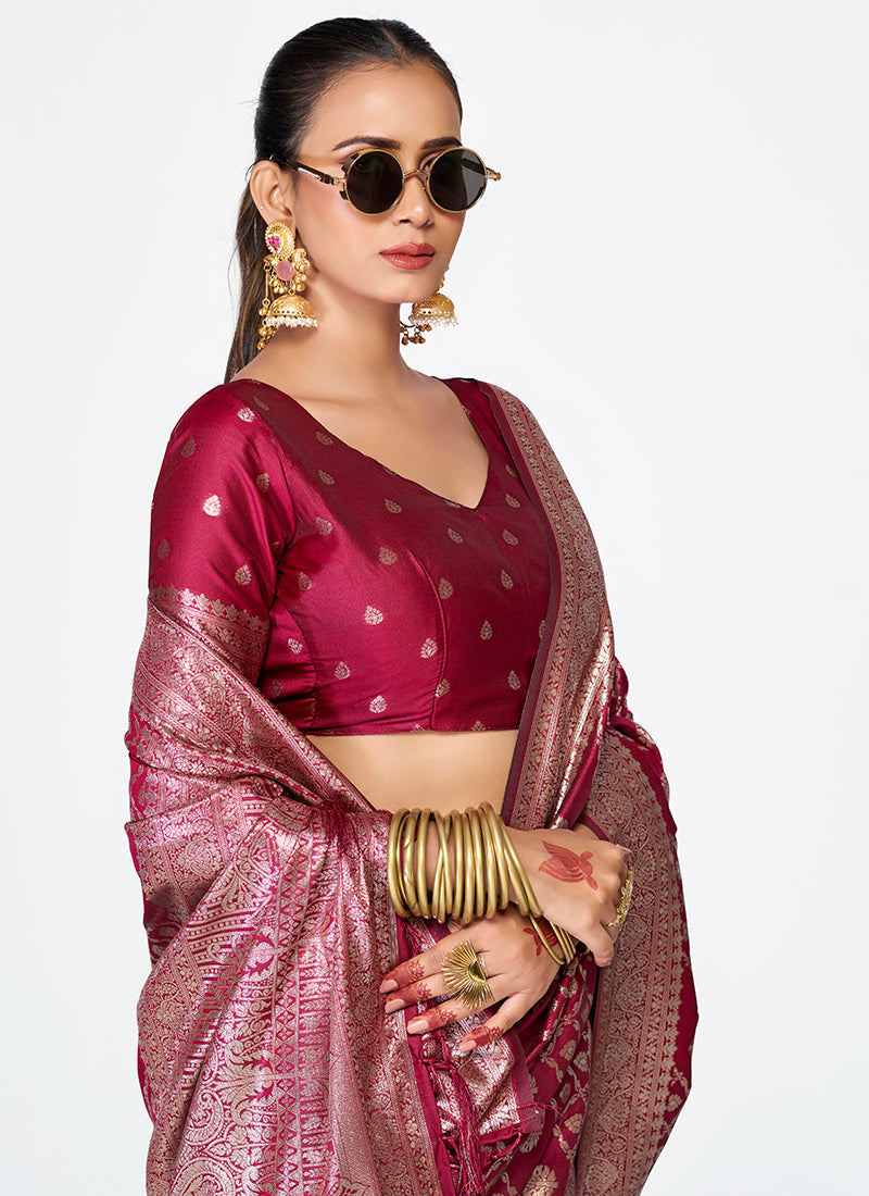 Vellora Wine Magenta Premium Zari Weaving Designer Silk Saree | Grocsy