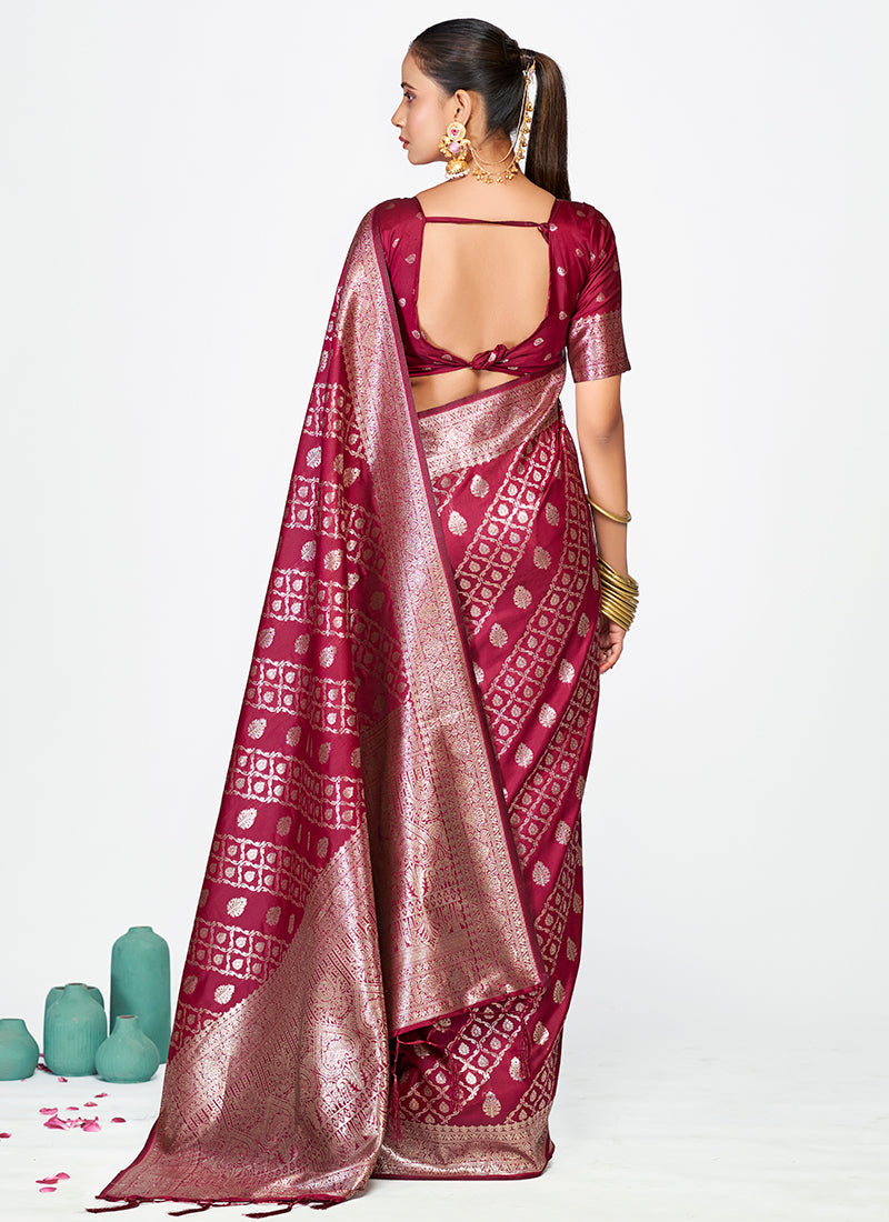 Vellora Wine Magenta Premium Zari Weaving Designer Silk Saree | Grocsy