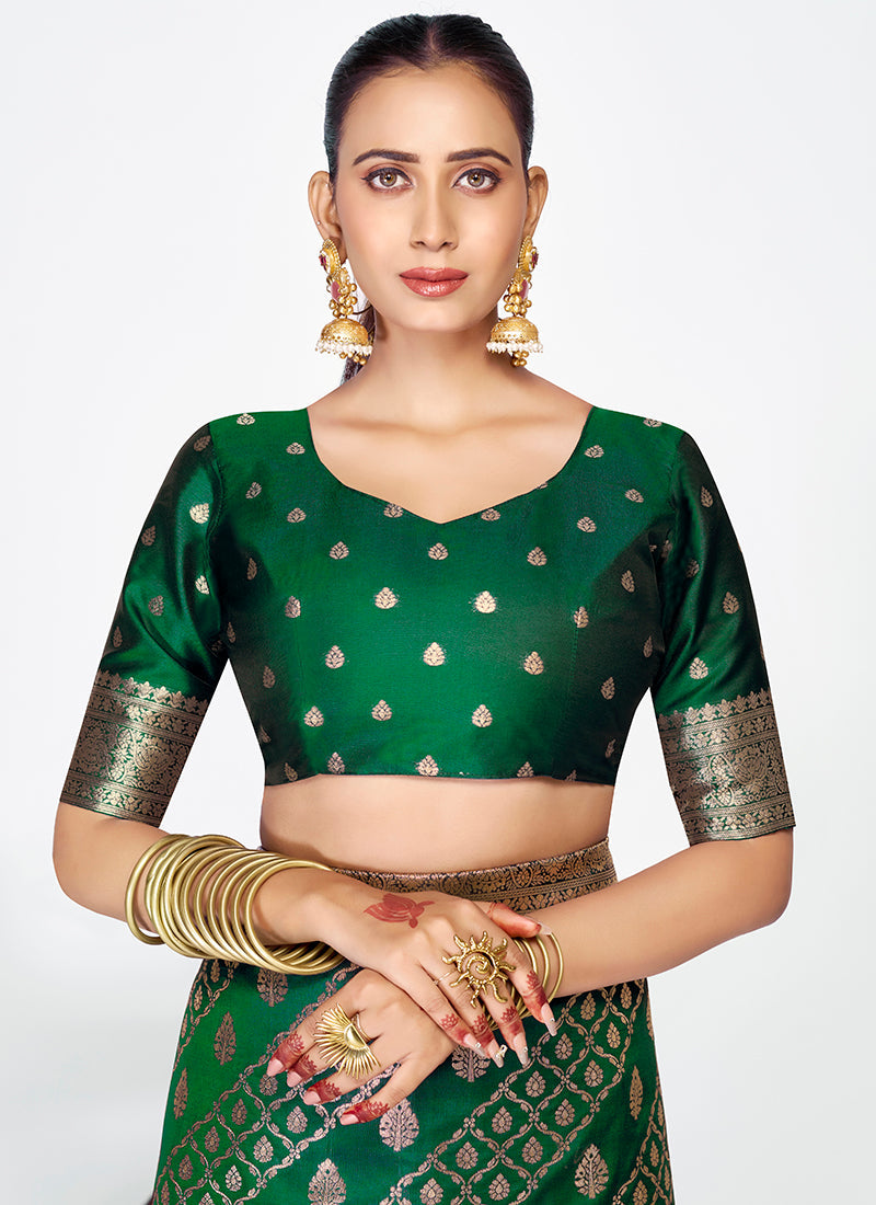 Vellora Emerald Green Soft Silk Royal Zari Weaving Saree | Grocsy