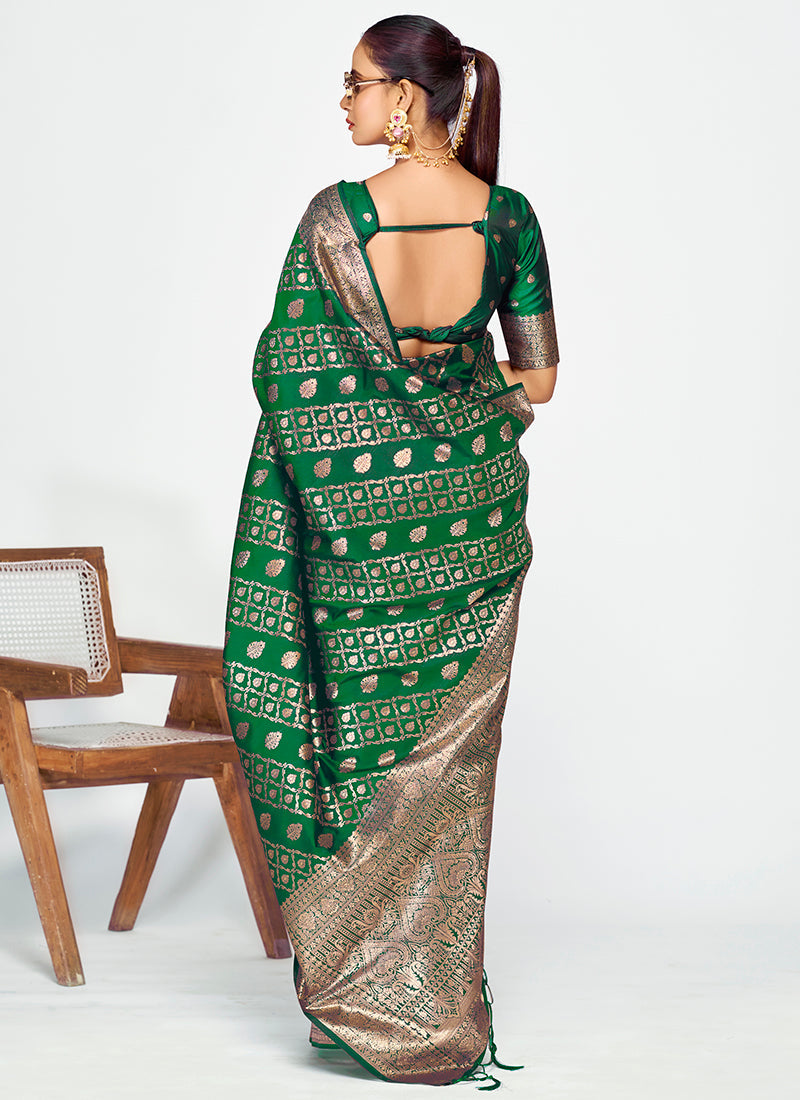 Vellora Emerald Green Soft Silk Royal Zari Weaving Saree | Grocsy