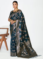 Vellora Navy Blue Banarasi Silk Saree with Rich Zari Weaving | Grocsy