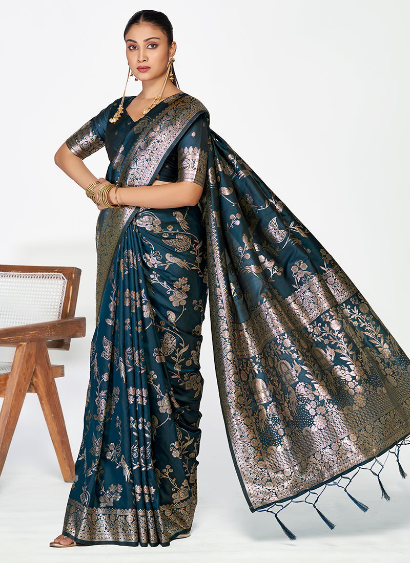Vellora Navy Blue Banarasi Silk Saree with Rich Zari Weaving | Grocsy