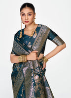 Vellora Navy Blue Banarasi Silk Saree with Rich Zari Weaving | Grocsy