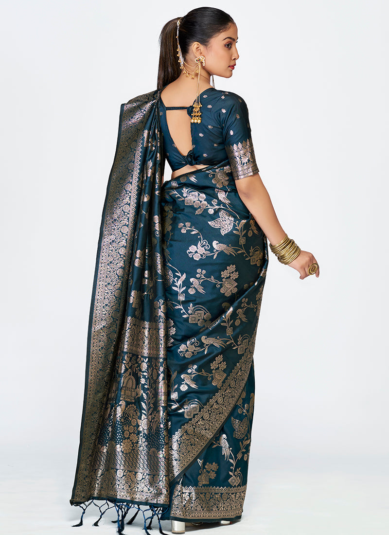 Vellora Navy Blue Banarasi Silk Saree with Rich Zari Weaving | Grocsy