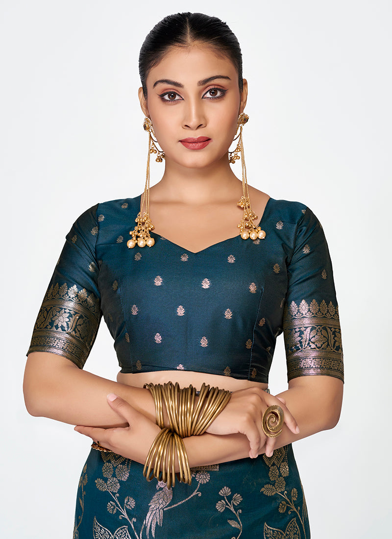 Vellora Navy Blue Banarasi Silk Saree with Rich Zari Weaving | Grocsy