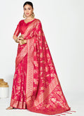Vellora Rani Pink Banarasi Silk Saree with Golden Floral Zari | Grocsy
