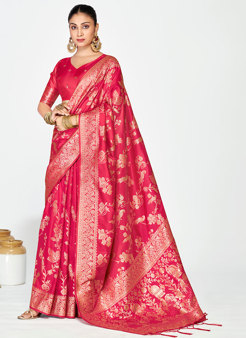 Vellora Rani Pink Banarasi Silk Saree with Golden Floral Zari | Grocsy