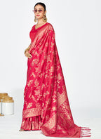 Vellora Rani Pink Banarasi Silk Saree with Golden Floral Zari | Grocsy
