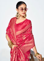 Vellora Rani Pink Banarasi Silk Saree with Golden Floral Zari | Grocsy