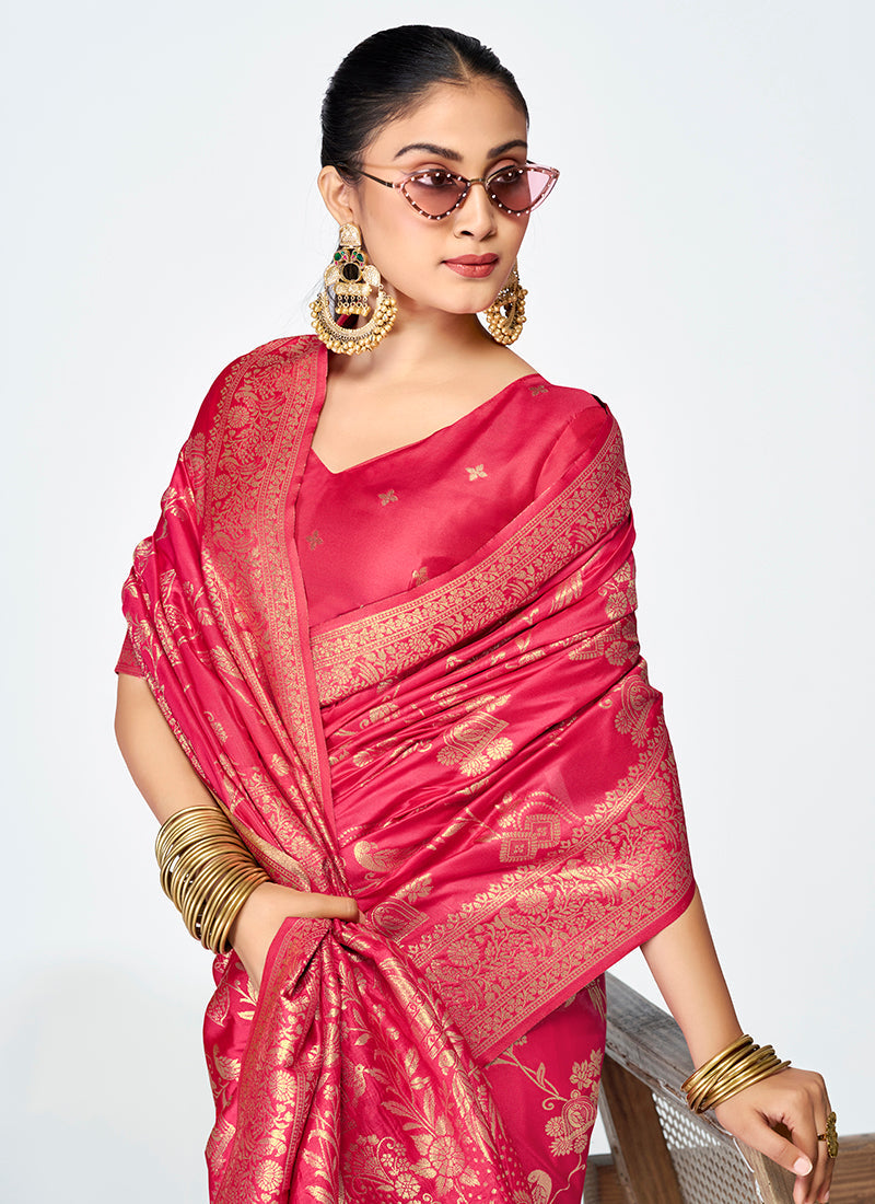 Vellora Rani Pink Banarasi Silk Saree with Golden Floral Zari | Grocsy