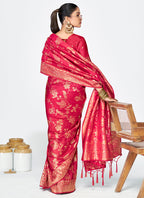 Vellora Rani Pink Banarasi Silk Saree with Golden Floral Zari | Grocsy