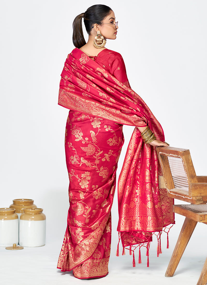 Vellora Rani Pink Banarasi Silk Saree with Golden Floral Zari | Grocsy