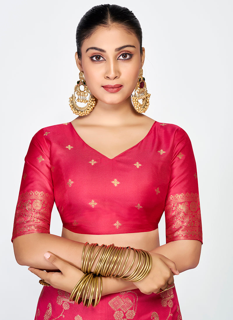Vellora Rani Pink Banarasi Silk Saree with Golden Floral Zari | Grocsy