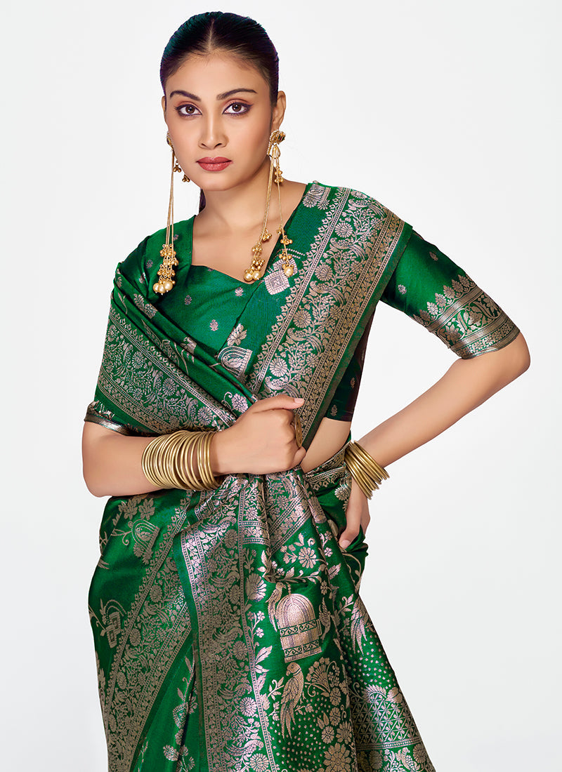 Vellora Emerald Green Banarasi Silk Saree with Intricate Zari Work | Grocsy