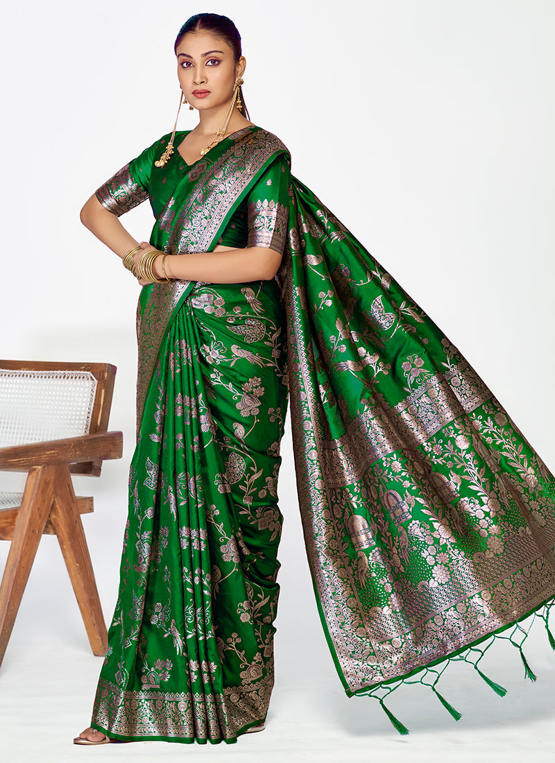 Vellora Emerald Green Banarasi Silk Saree with Intricate Zari Work | Grocsy