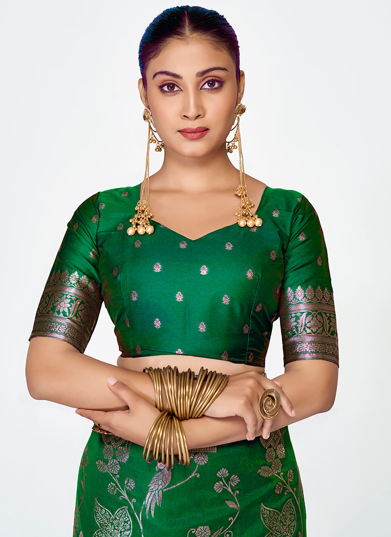 Vellora Emerald Green Banarasi Silk Saree with Intricate Zari Work | Grocsy