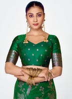 Vellora Emerald Green Banarasi Silk Saree with Intricate Zari Work | Grocsy
