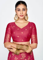 Vellora Rose Pink Banarasi Silk Saree with Antique Zari Border | Grocsy
