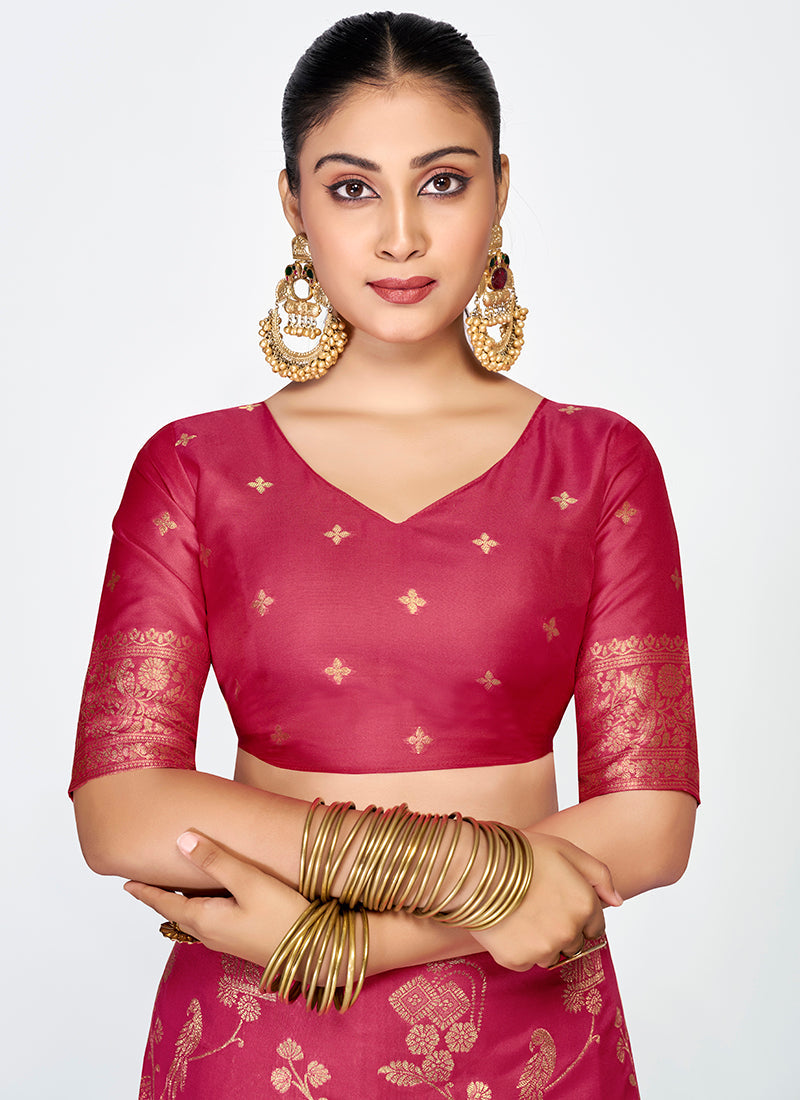 Vellora Rose Pink Banarasi Silk Saree with Antique Zari Border | Grocsy