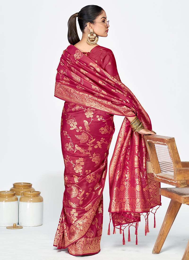 Vellora Rose Pink Banarasi Silk Saree with Antique Zari Border | Grocsy