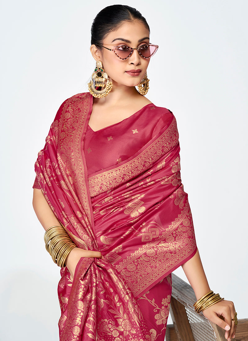 Vellora Rose Pink Banarasi Silk Saree with Antique Zari Border | Grocsy