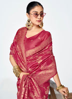 Vellora Rose Pink Banarasi Silk Saree with Antique Zari Border | Grocsy