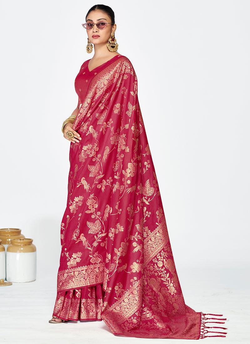 Vellora Rose Pink Banarasi Silk Saree with Antique Zari Border | Grocsy