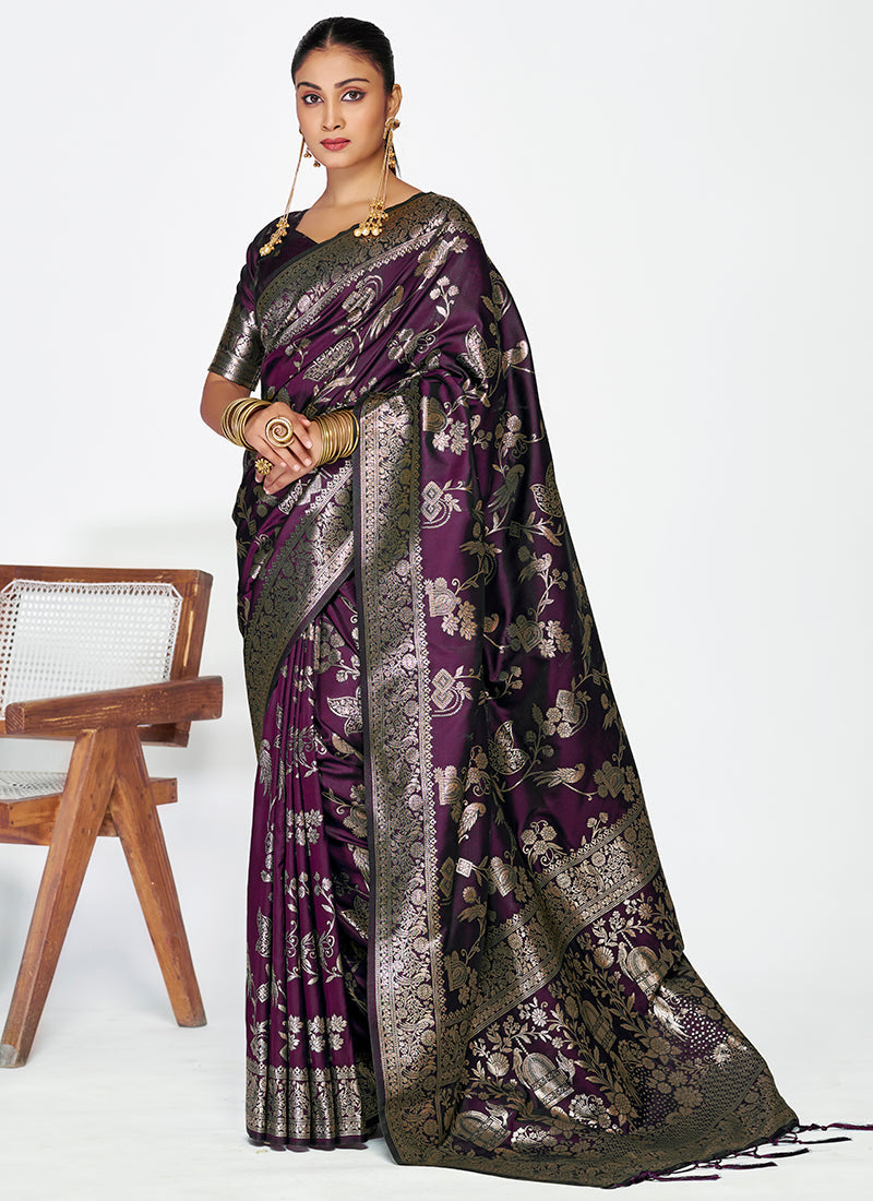 Vellora Wine Banarasi Silk Saree with Heavy Traditional Zari | Grocsy