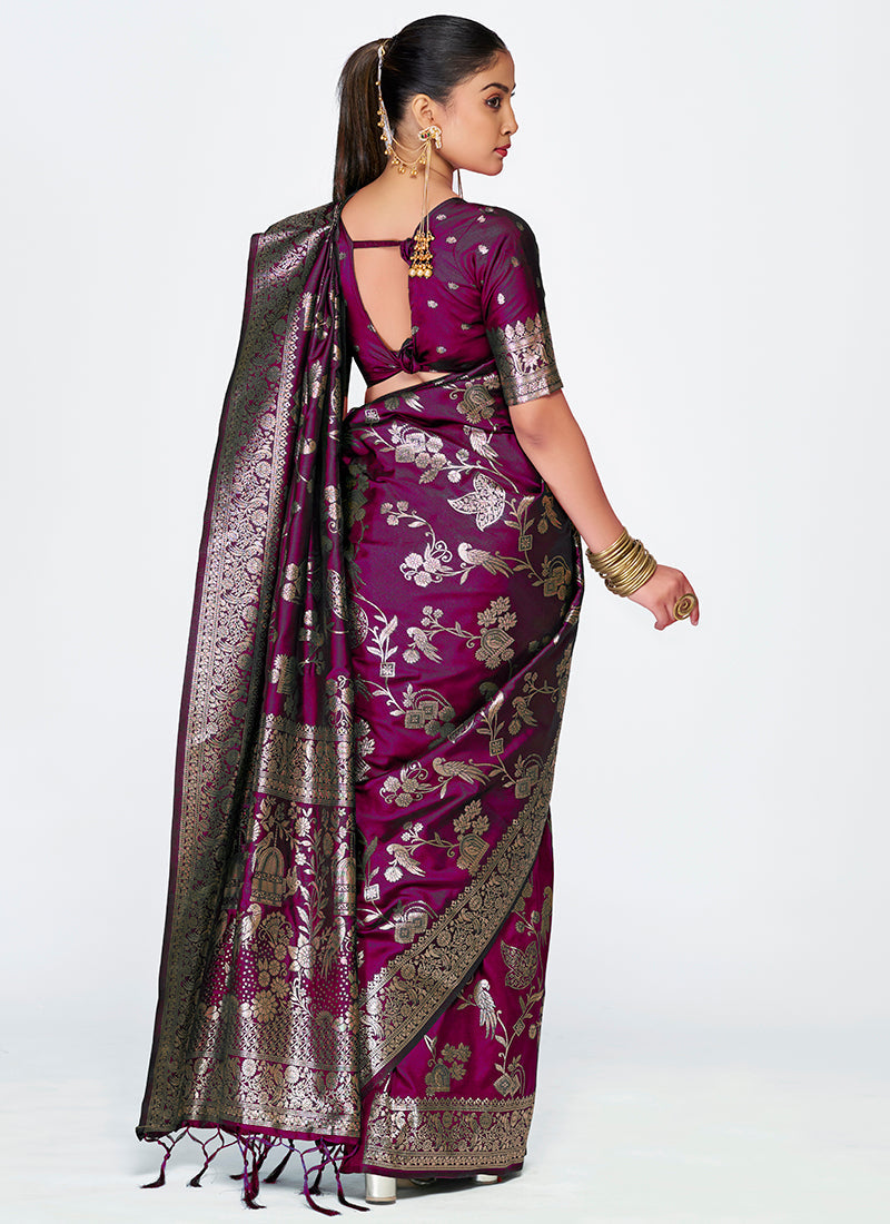 Vellora Wine Banarasi Silk Saree with Heavy Traditional Zari | Grocsy