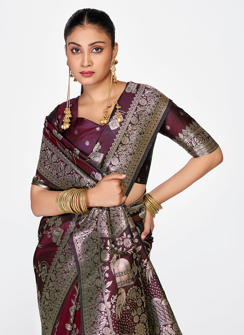 Vellora Wine Banarasi Silk Saree with Heavy Traditional Zari | Grocsy