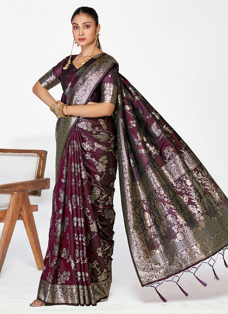 Vellora Wine Banarasi Silk Saree with Heavy Traditional Zari | Grocsy
