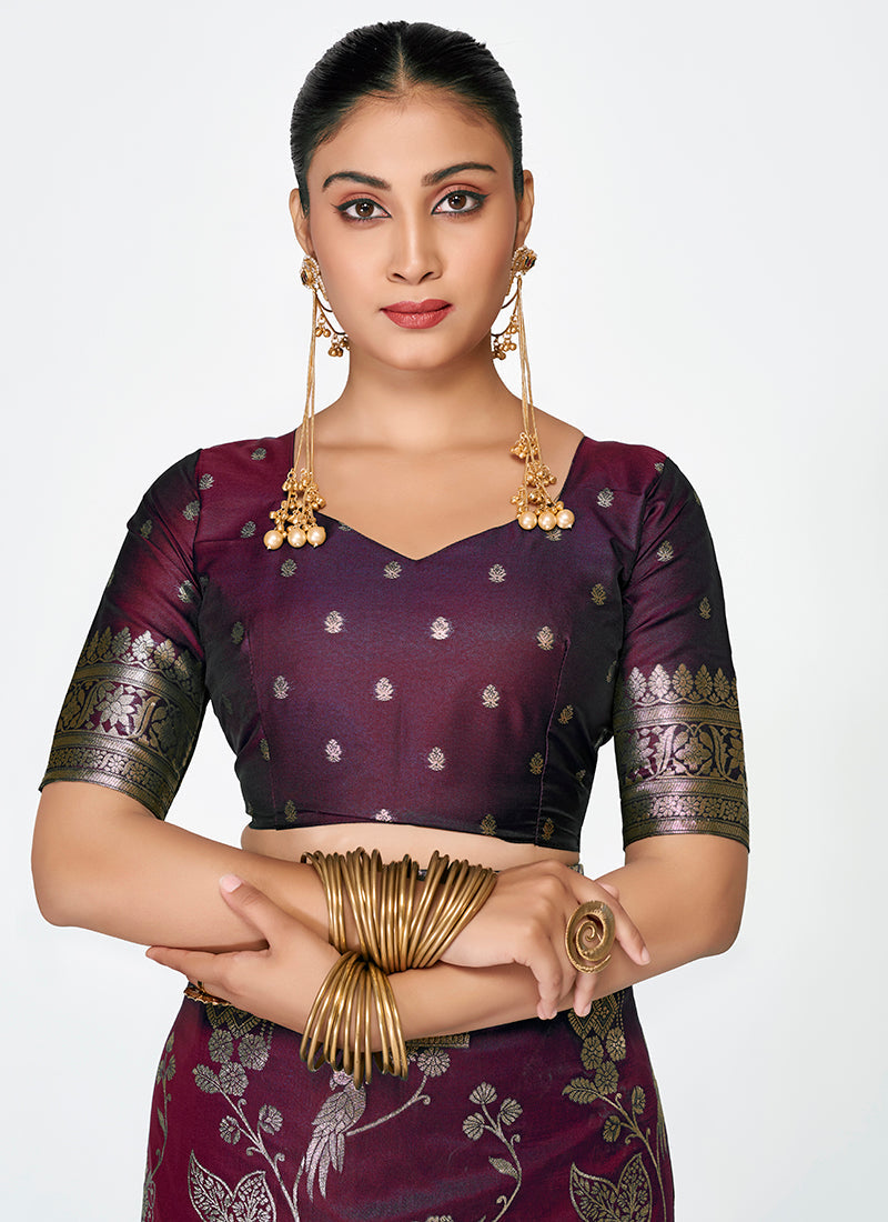 Vellora Wine Banarasi Silk Saree with Heavy Traditional Zari | Grocsy