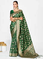 Vellora Emerald Green Banarasi Silk Saree with Rich Golden Zari Weaving | Grocsy